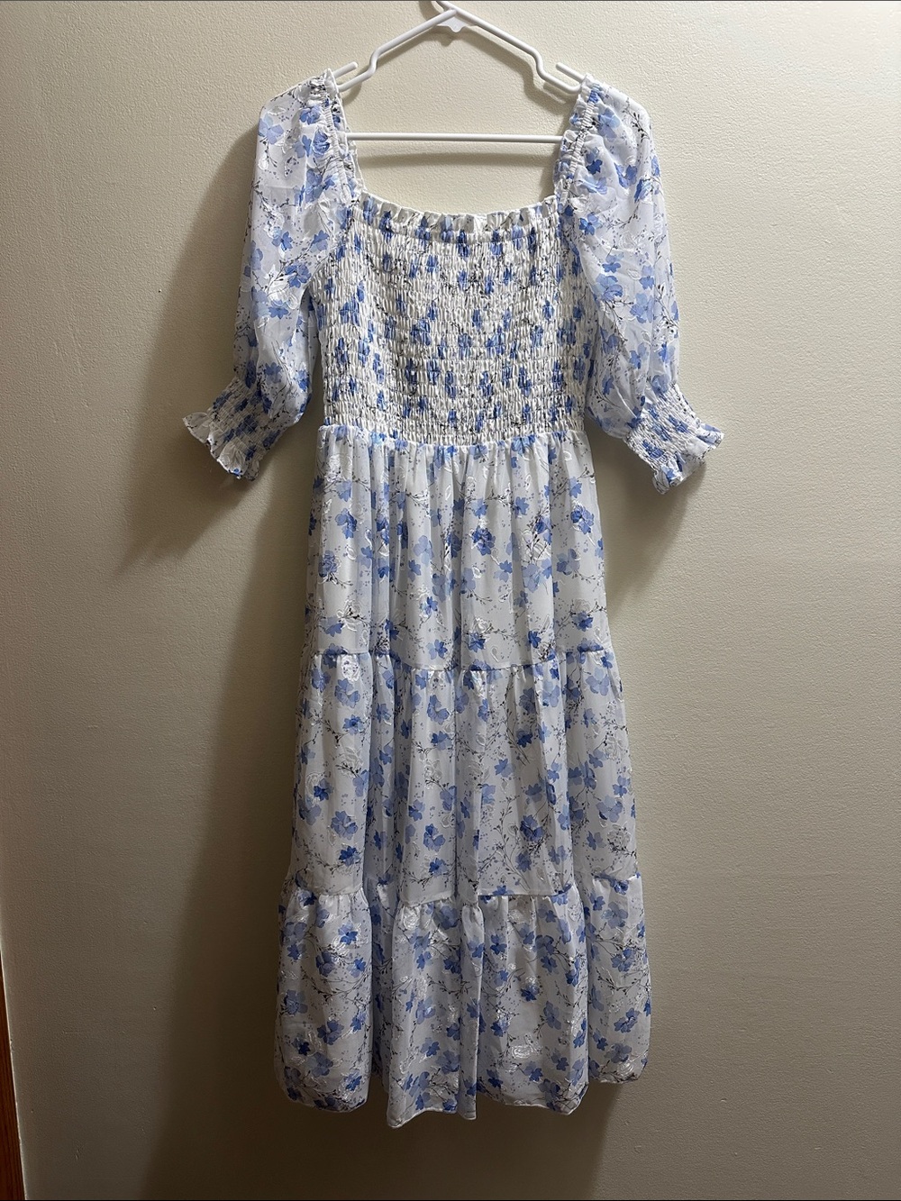 Baltic Born White Maxi Dress with Blue Floral Print (bump friendly)